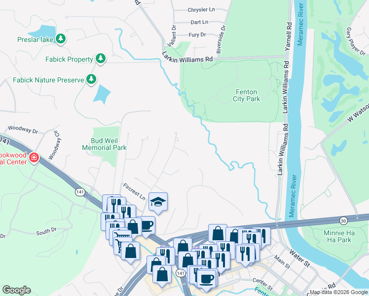 map of restaurants, bars, coffee shops, grocery stores, and more near 87 Forest Knoll Drive in Fenton