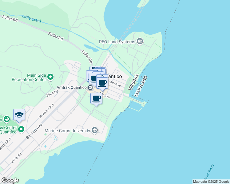 map of restaurants, bars, coffee shops, grocery stores, and more near Potomac Avenue in Quantico