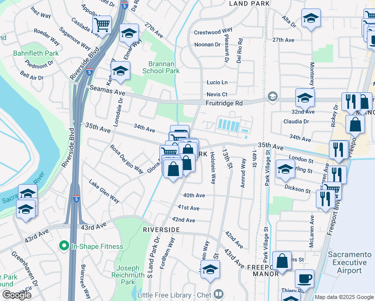map of restaurants, bars, coffee shops, grocery stores, and more near S Land Park Dr & 35th Ave in Sacramento