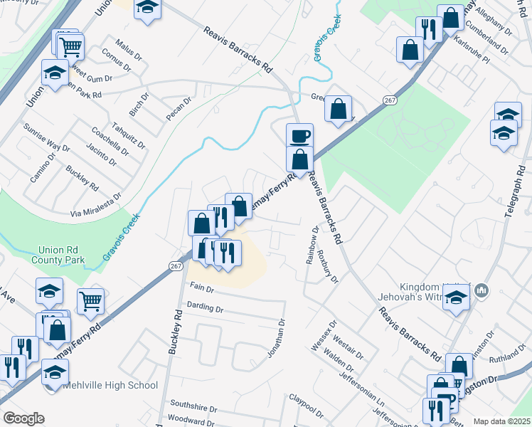 map of restaurants, bars, coffee shops, grocery stores, and more near 1287 Garden Circle Drive in St. Louis