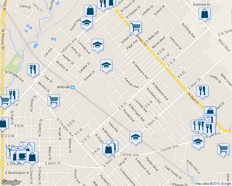map of restaurants, bars, coffee shops, grocery stores, and more near 307 North Michigan Avenue in Belleville