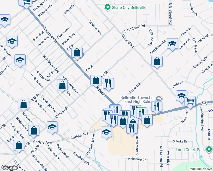 map of restaurants, bars, coffee shops, grocery stores, and more near 10 Spruce Drive in Belleville