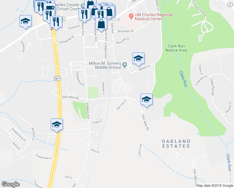 map of restaurants, bars, coffee shops, grocery stores, and more near 1015 Martin Drive in La Plata