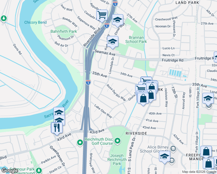 map of restaurants, bars, coffee shops, grocery stores, and more near 9 Miranda Court in Sacramento