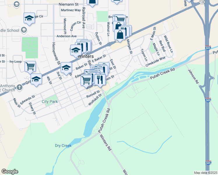 map of restaurants, bars, coffee shops, grocery stores, and more near 201 Railroad Avenue in Winters