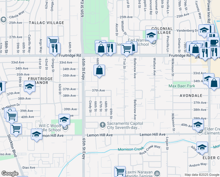 map of restaurants, bars, coffee shops, grocery stores, and more near 6821 37th Avenue in Sacramento