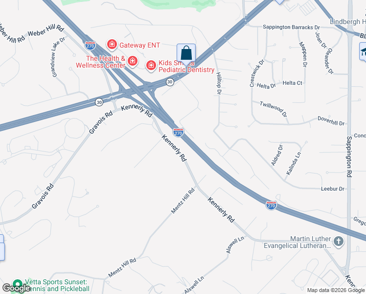 map of restaurants, bars, coffee shops, grocery stores, and more near 10755 Kennerly Road in St. Louis