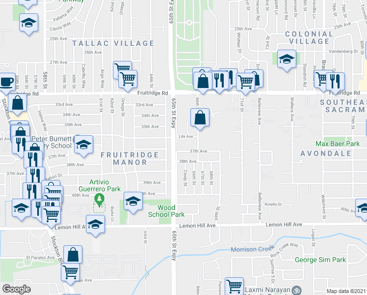 map of restaurants, bars, coffee shops, grocery stores, and more near 6533 37th Avenue in Sacramento