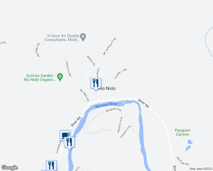 map of restaurants, bars, coffee shops, grocery stores, and more near 14571 Canyon 1 Road in Guerneville