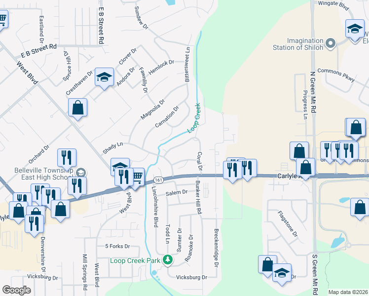 map of restaurants, bars, coffee shops, grocery stores, and more near 30 Coral Drive in Belleville
