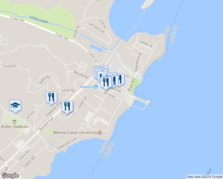 map of restaurants, bars, coffee shops, grocery stores, and more near 250 Potomac Avenue in Quantico
