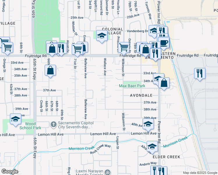 map of restaurants, bars, coffee shops, grocery stores, and more near 5801 Wallace Avenue in Sacramento