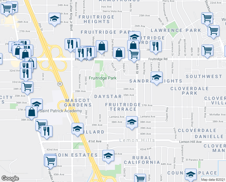 map of restaurants, bars, coffee shops, grocery stores, and more near 4118 34th Avenue in Sacramento