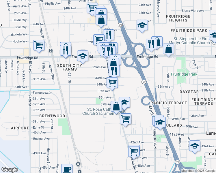 map of restaurants, bars, coffee shops, grocery stores, and more near 3290 34th Avenue in Sacramento