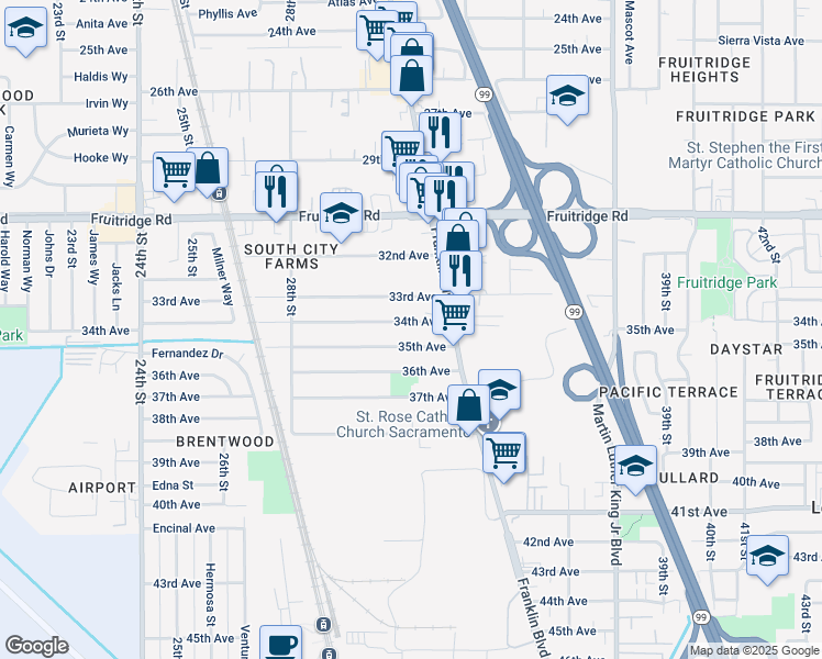 map of restaurants, bars, coffee shops, grocery stores, and more near 3150 34th Avenue in Sacramento
