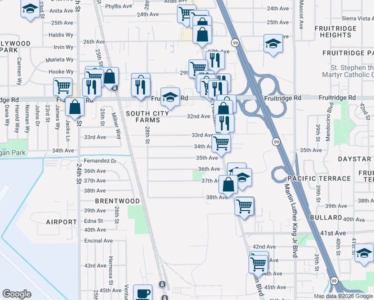 map of restaurants, bars, coffee shops, grocery stores, and more near 3000 34th Avenue in Sacramento