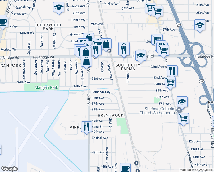 map of restaurants, bars, coffee shops, grocery stores, and more near 2512 34th Avenue in Sacramento