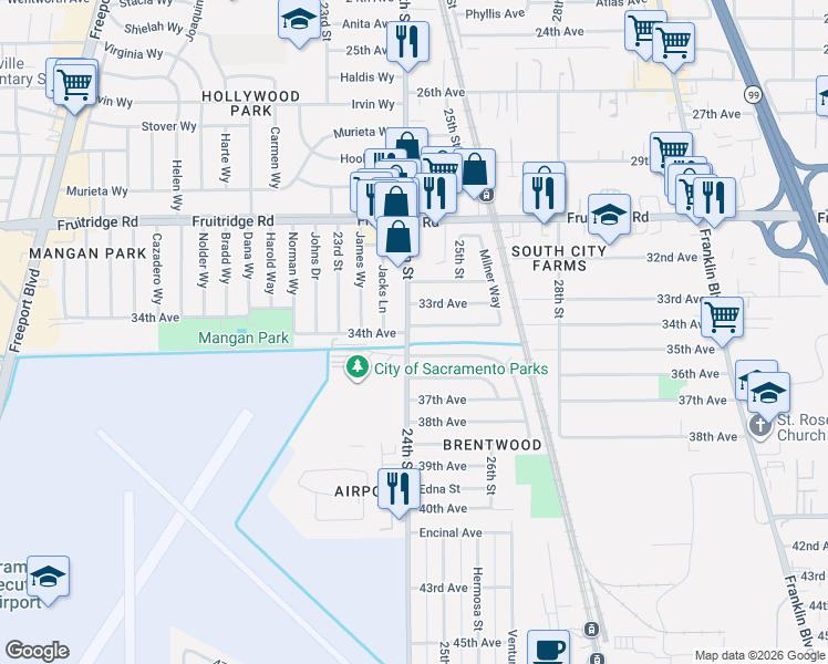 map of restaurants, bars, coffee shops, grocery stores, and more near 5688 24th Street in Sacramento