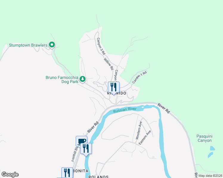 map of restaurants, bars, coffee shops, grocery stores, and more near 14715 Willow Road in Guerneville