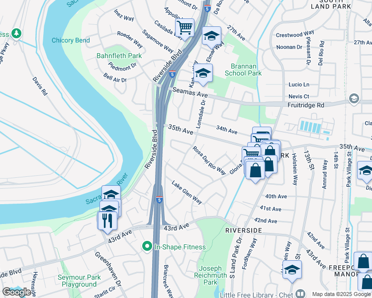 map of restaurants, bars, coffee shops, grocery stores, and more near 5836 Lonsdale Drive in Sacramento