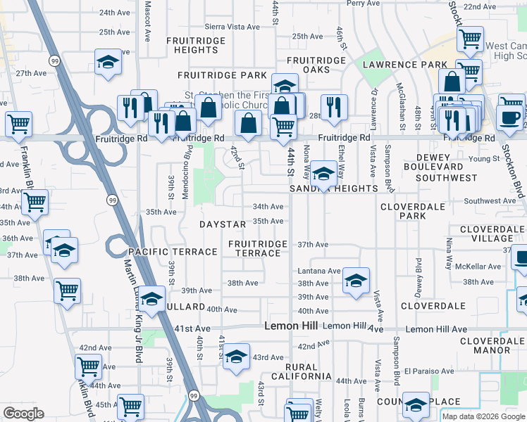map of restaurants, bars, coffee shops, grocery stores, and more near 4300 34th Avenue in Sacramento