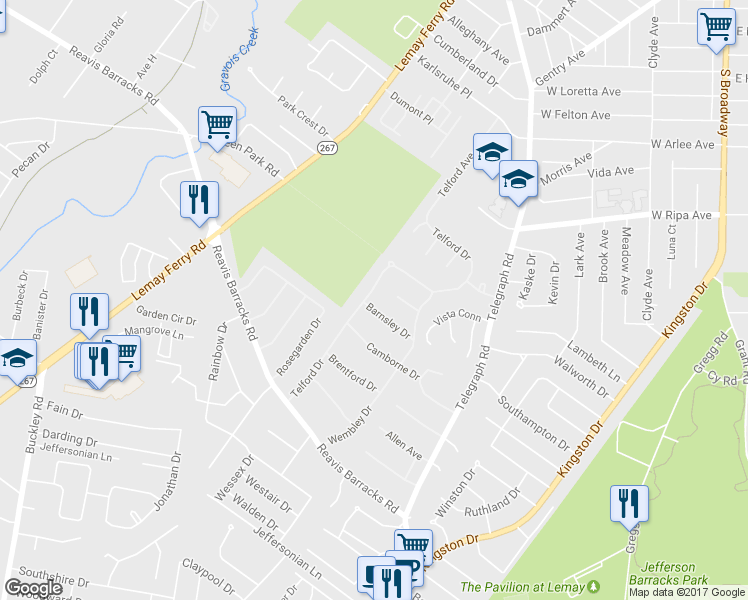 map of restaurants, bars, coffee shops, grocery stores, and more near 845 Barnsley Drive in St. Louis
