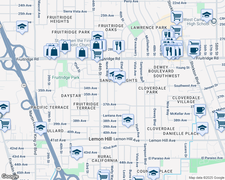map of restaurants, bars, coffee shops, grocery stores, and more near 5716 Laurine Way in Sacramento