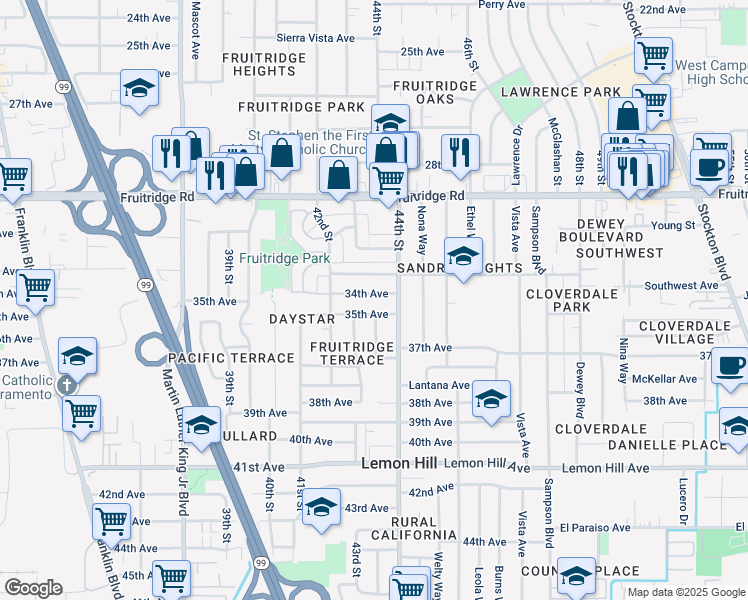 map of restaurants, bars, coffee shops, grocery stores, and more near 4312 34th Ave in Sacramento