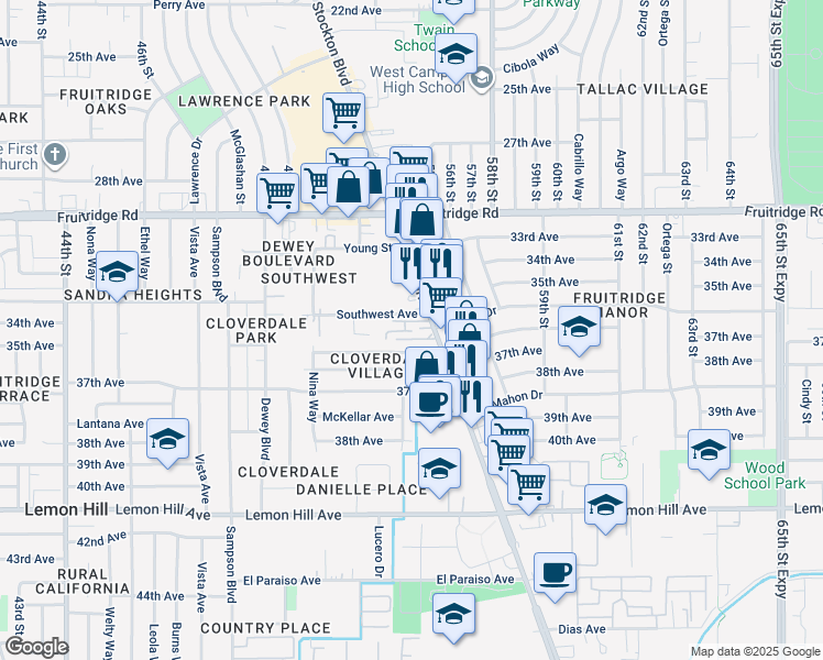 map of restaurants, bars, coffee shops, grocery stores, and more near 5800 Stockton Boulevard in Sacramento