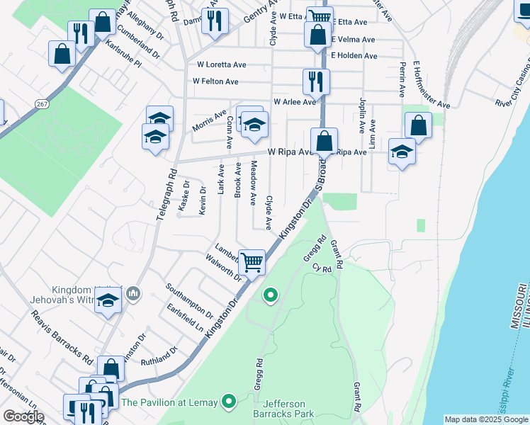 map of restaurants, bars, coffee shops, grocery stores, and more near 9981 Clyde Avenue in St. Louis