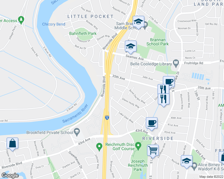map of restaurants, bars, coffee shops, grocery stores, and more near 39 Petrilli Circle in Sacramento