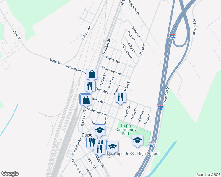 map of restaurants, bars, coffee shops, grocery stores, and more near 312 North 3rd Street in Dupo