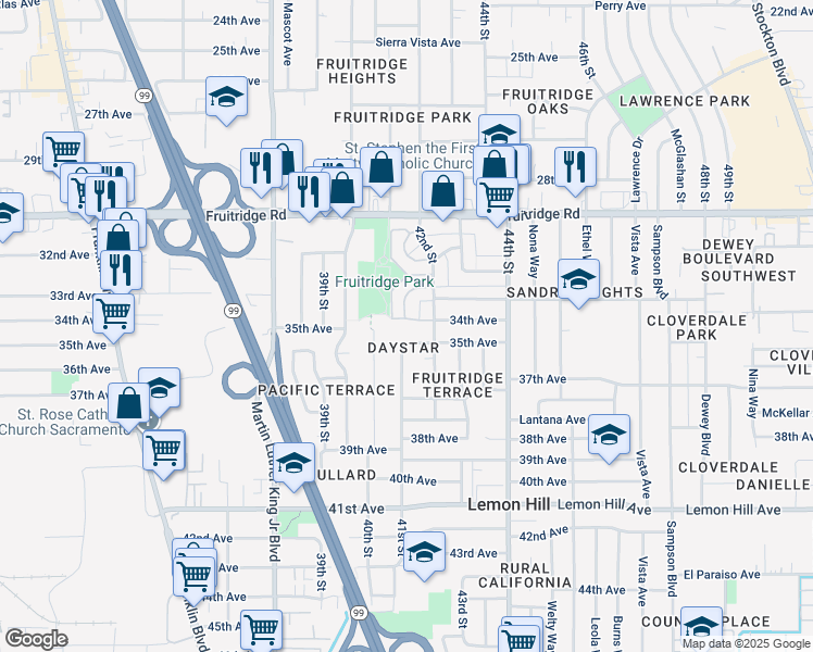 map of restaurants, bars, coffee shops, grocery stores, and more near 4118 34th Avenue in Sacramento