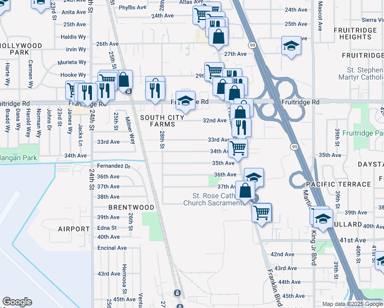 map of restaurants, bars, coffee shops, grocery stores, and more near 2960 34th Avenue in Sacramento