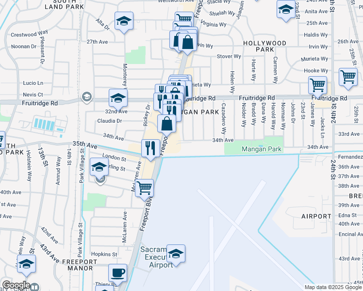 map of restaurants, bars, coffee shops, grocery stores, and more near 5701 Freeport Blvd in Sacramento