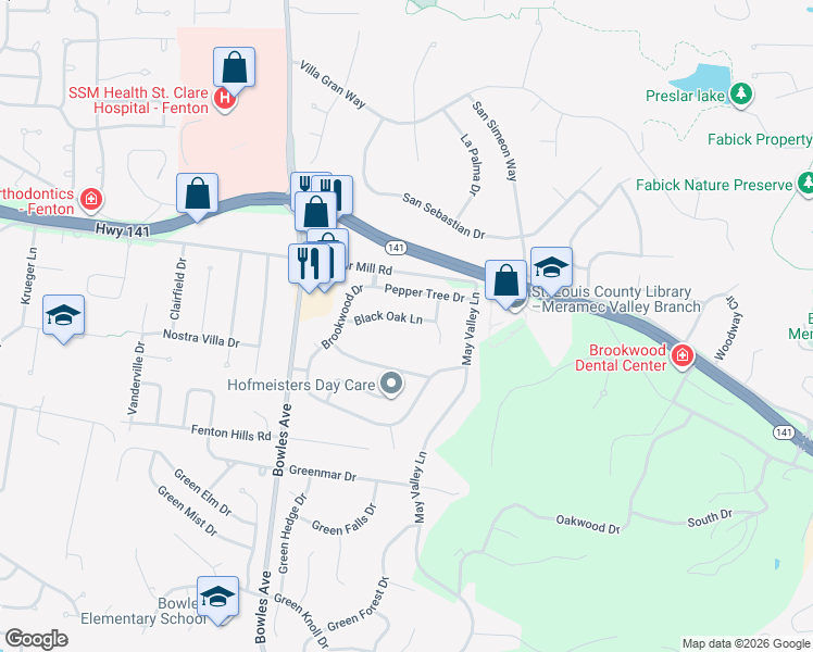 map of restaurants, bars, coffee shops, grocery stores, and more near 34 Black Oak Lane in Fenton