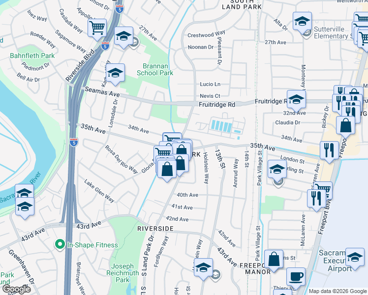 map of restaurants, bars, coffee shops, grocery stores, and more near 5741 South Land Park Drive in Sacramento