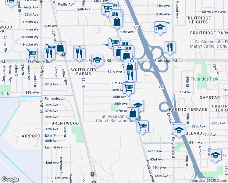 map of restaurants, bars, coffee shops, grocery stores, and more near 3150 34th Avenue in Sacramento