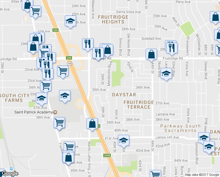 map of restaurants, bars, coffee shops, grocery stores, and more near 5801 Mendocino Boulevard in Sacramento