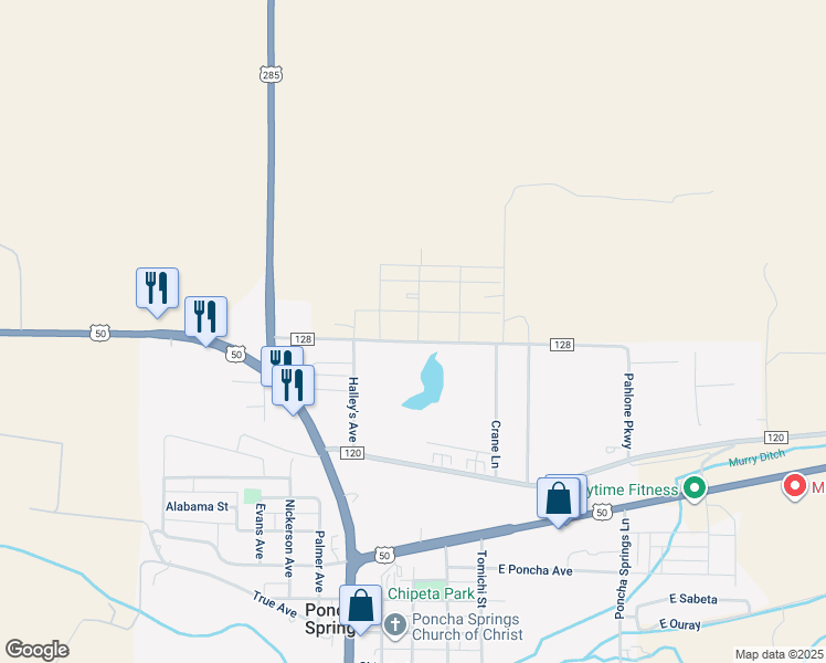 map of restaurants, bars, coffee shops, grocery stores, and more near 10810 County Road 128 in Salida