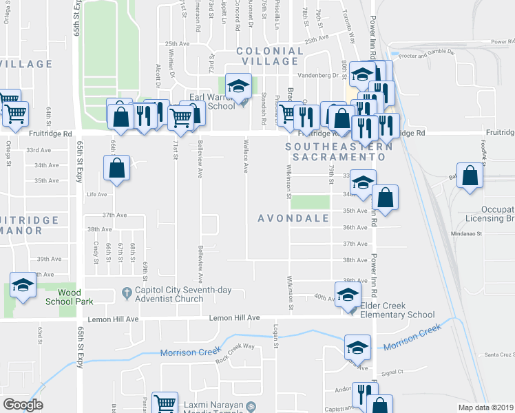 map of restaurants, bars, coffee shops, grocery stores, and more near 5801 Wallace Avenue in Sacramento