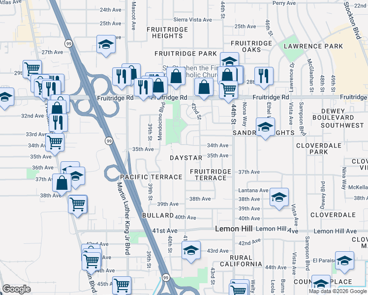 map of restaurants, bars, coffee shops, grocery stores, and more near 4118 34th Avenue in Sacramento
