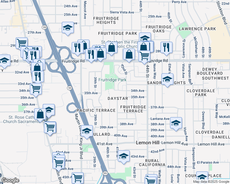 map of restaurants, bars, coffee shops, grocery stores, and more near 4118 34th Avenue in Sacramento