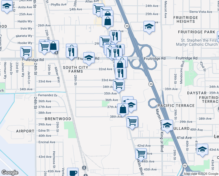 map of restaurants, bars, coffee shops, grocery stores, and more near 3150 34th Avenue in Sacramento