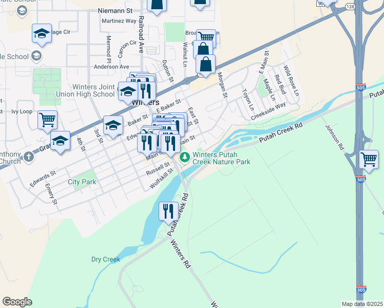 map of restaurants, bars, coffee shops, grocery stores, and more near 101 Elliott Street in Winters