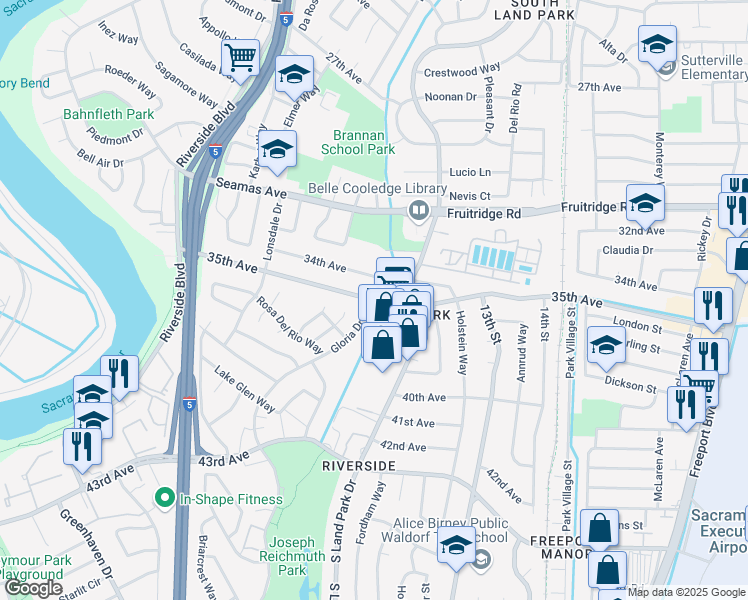 map of restaurants, bars, coffee shops, grocery stores, and more near Gloria Drive & 35th Avenue in Sacramento