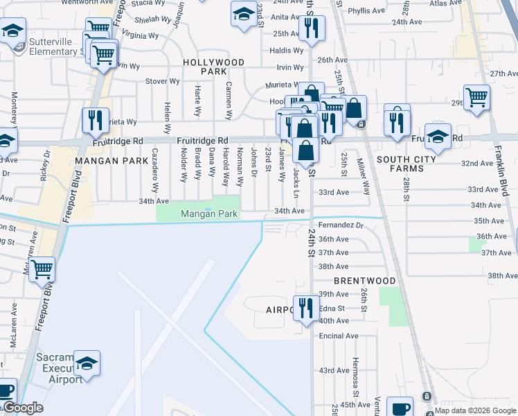 map of restaurants, bars, coffee shops, grocery stores, and more near 5689 Johns Drive in Sacramento