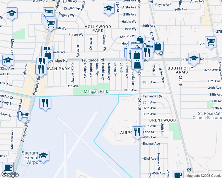 map of restaurants, bars, coffee shops, grocery stores, and more near 2230 34th Avenue in Sacramento