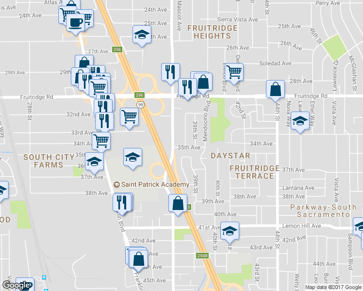 map of restaurants, bars, coffee shops, grocery stores, and more near 5754 Mascot Ave in Sacramento