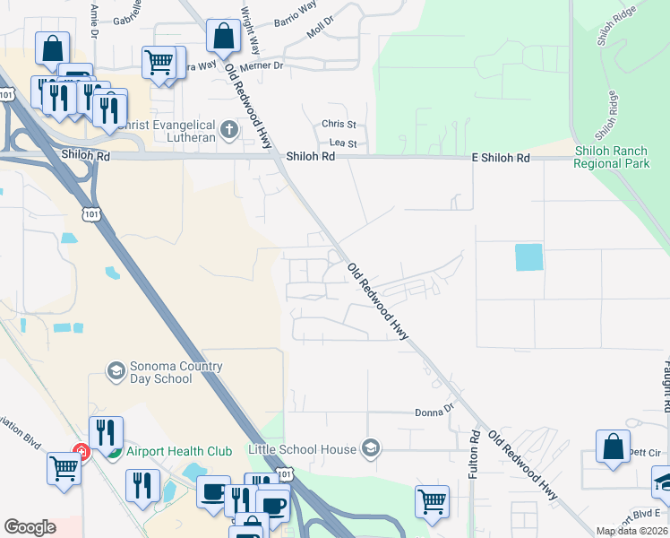 map of restaurants, bars, coffee shops, grocery stores, and more near 5758 Mobile Drive in Santa Rosa
